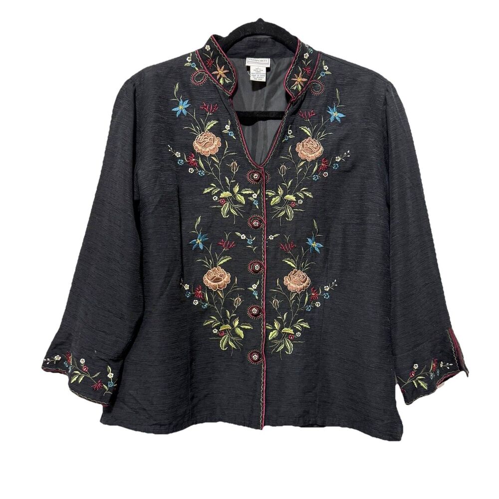 Passports Black Floral Mandarin Collar Embroidered Silk Jacket Size Large